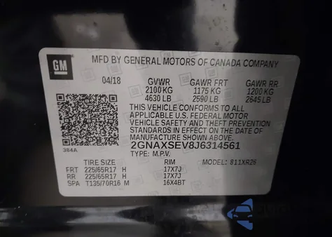 2018 Chevrolet Equinox Lt from USA, damaged, VIN 2GNAXSEV8J6314561